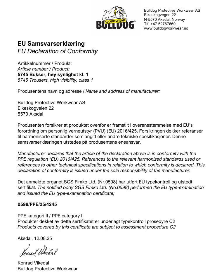 Bulldog stretchbukse, svart/gul, Servicebukse, synlighet kl. 1 Vår bestselger