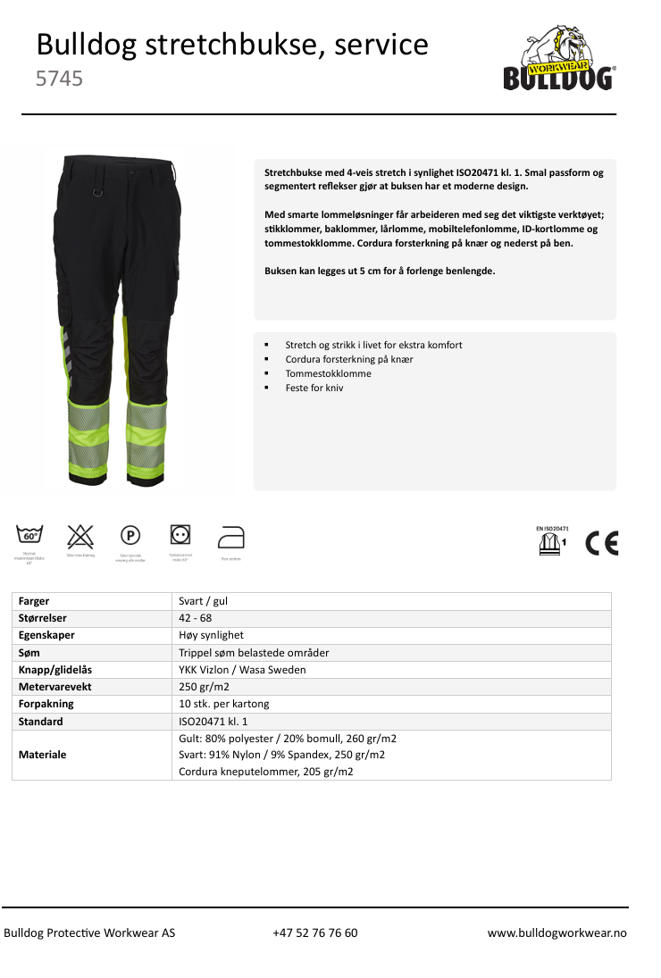 Bulldog stretchbukse, svart/gul, Servicebukse, synlighet kl. 1 Vår bestselger