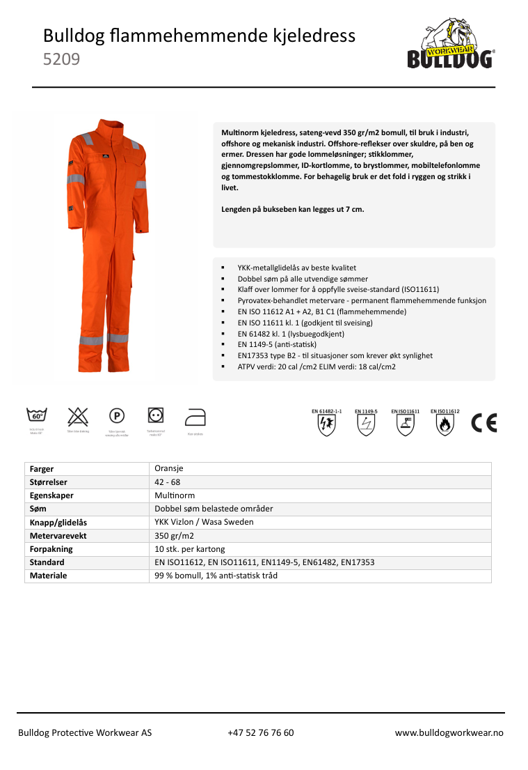 Bulldog kjeledress, oransje,  Med glidelås, multinorm