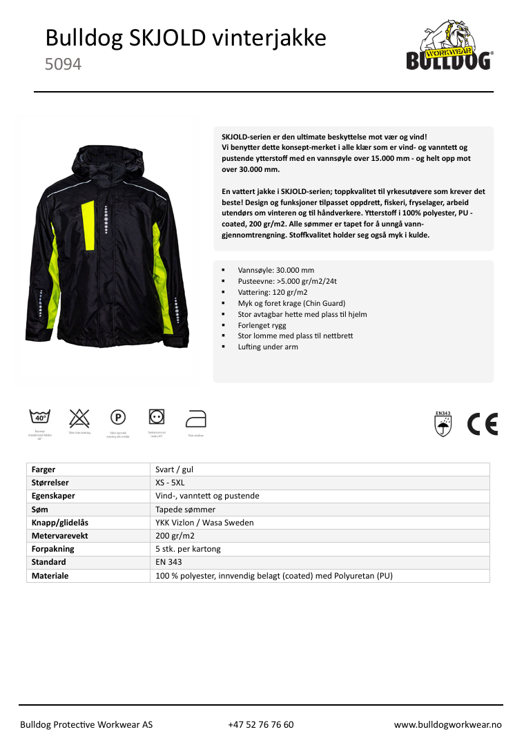 Bulldog SKJOLD jakke, svart/gul  Vanntett og pustende