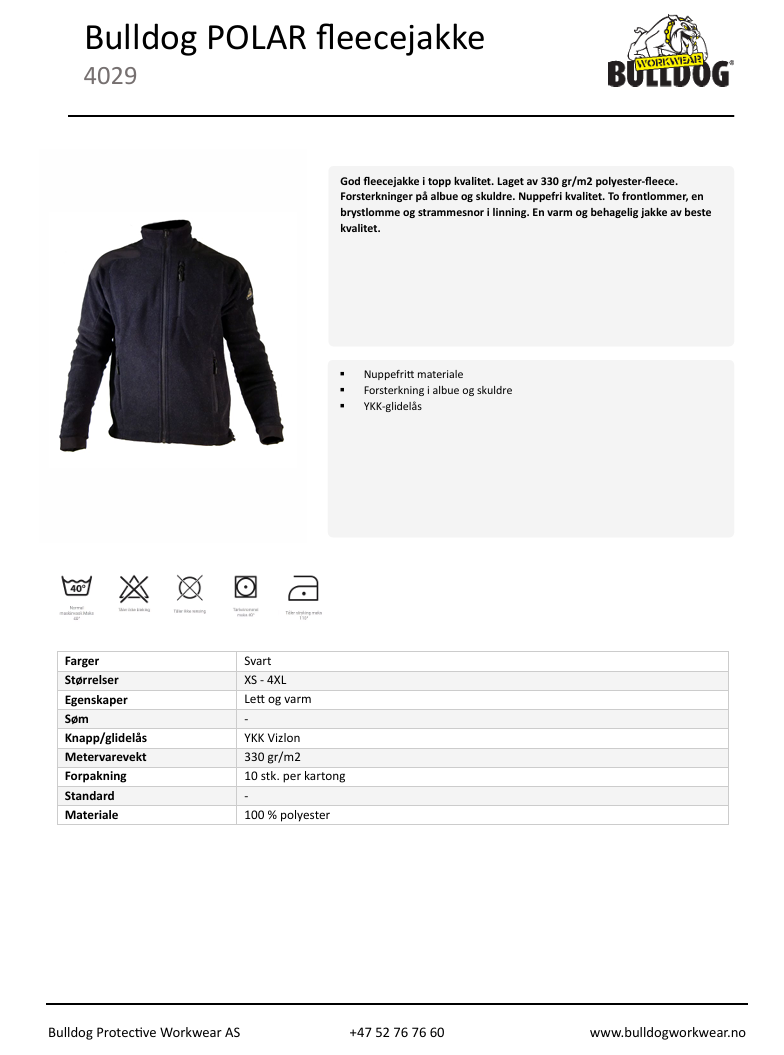 Bulldog POLAR fleecejakke, svart   Forsterkninger albue og skuldre