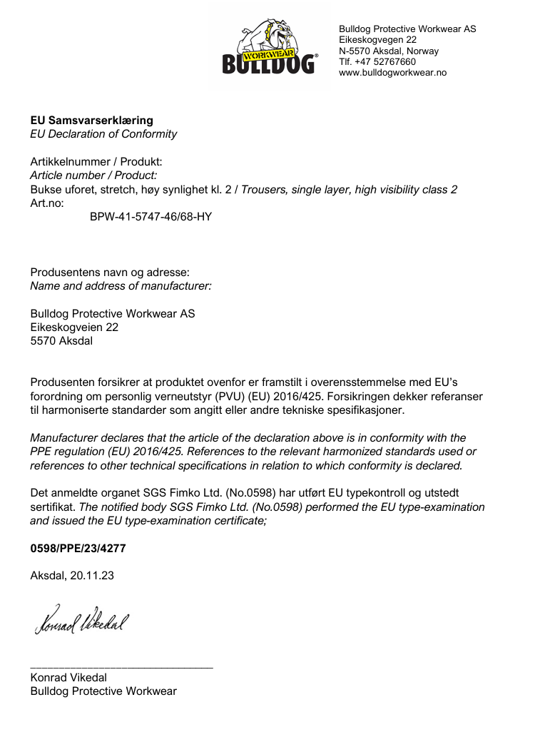 Bulldog stretchbukse, gul/svart   Håndverkbukse, synlighet kl. 2