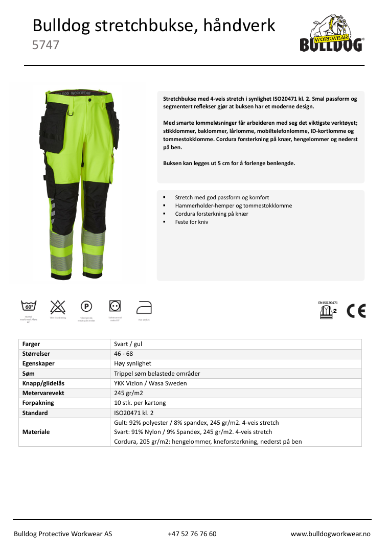 Bulldog stretchbukse, gul/svart   Håndverkbukse, synlighet kl. 2