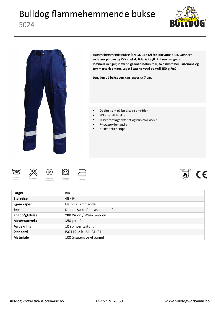 Bulldog bukse, blå, Flammehemmende, refleks