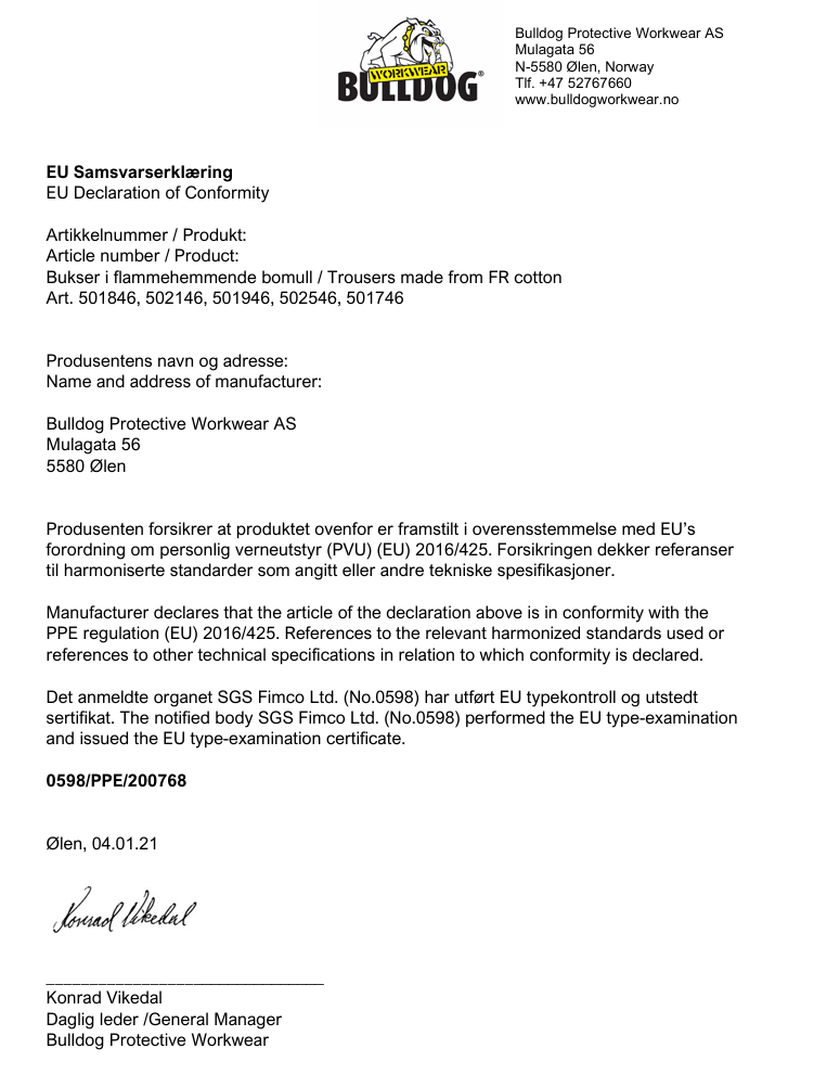 Bulldog bukse, oransje,  Flammehemmende, refleks